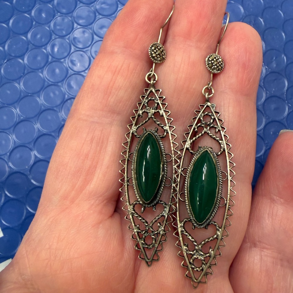 Sterling ? Silver Filigree green  Chalcedony  Drop Earrings Marcasites accent